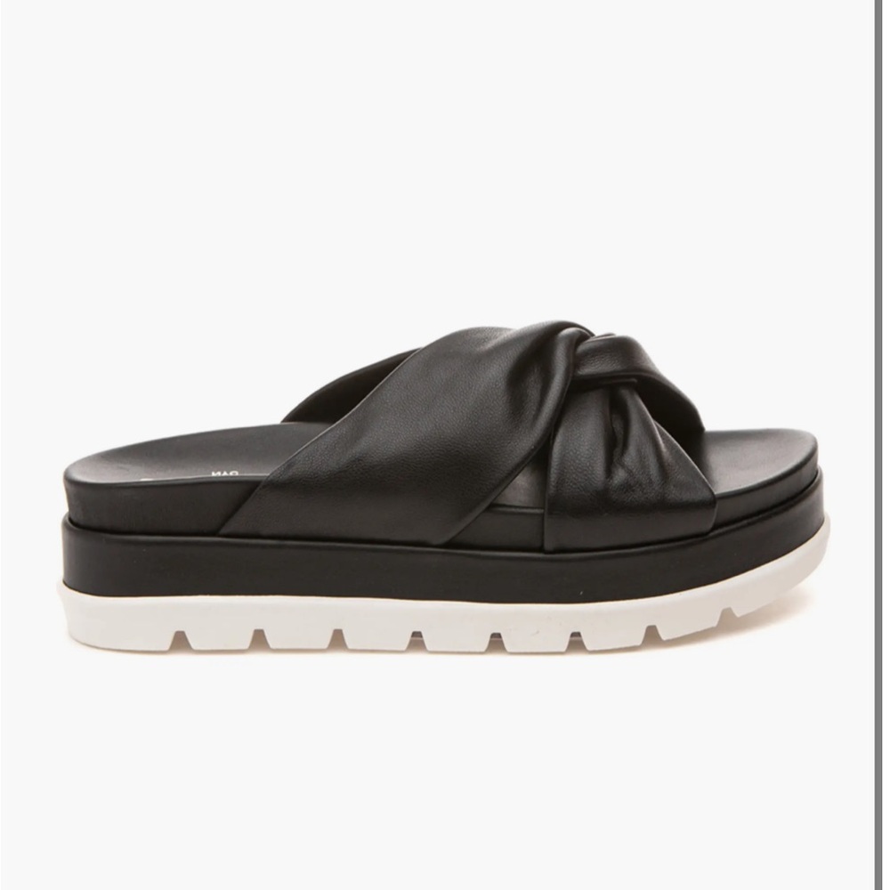 NWT J/SLIDES BRIGHT Black Leather Platform Slide Sandal - Picture 2 of 15